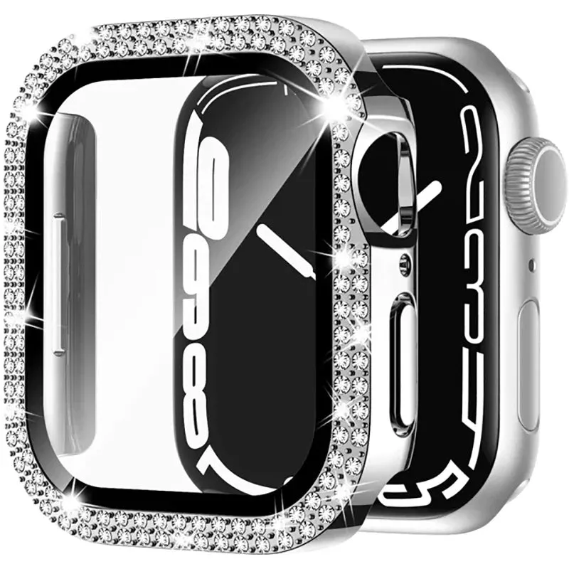 Glass Diamond Cover For Apple watch case 40mm 44mm 41mm 45mm 38mm 42mm Bling Bumper Protector iWatch series 9 3 5 6 7 8 se case