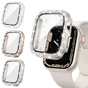 Glass Diamond Cover For Apple watch case 40mm 44mm 41mm 45mm 38mm 42mm Bling Bumper Protector iWatch series 9 3 5 6 7 8 se case