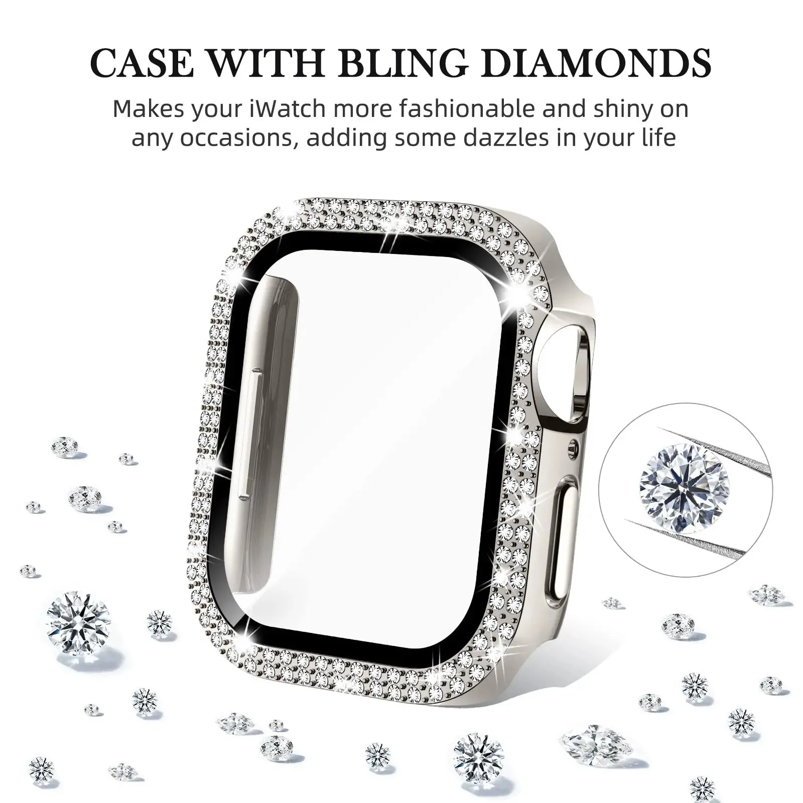 Glass Diamond Cover For Apple watch case 40mm 44mm 41mm 45mm 38mm 42mm Bling Bumper Protector iWatch series 9 3 5 6 7 8 se case