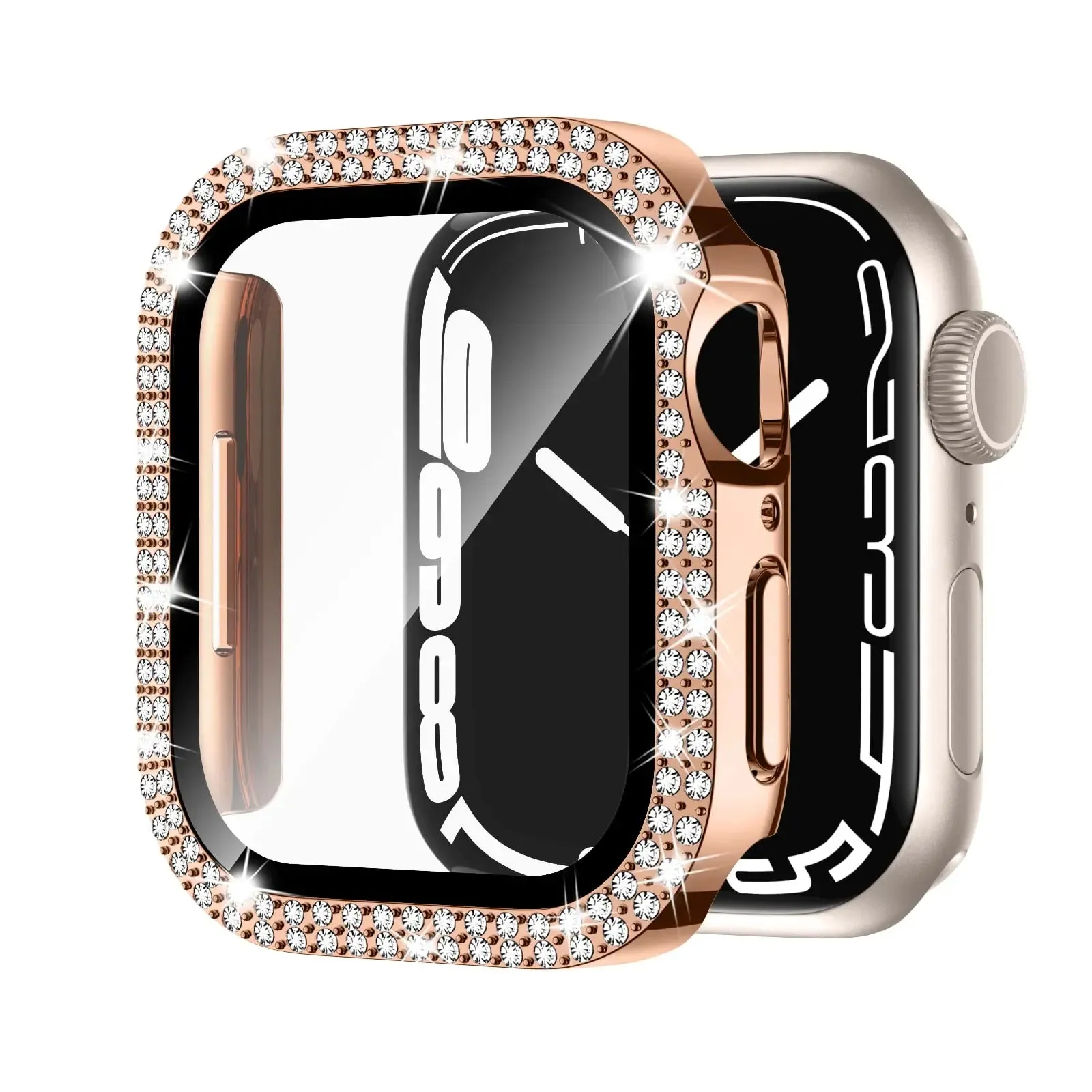 Glass Diamond Cover For Apple watch case 40mm 44mm 41mm 45mm 38mm 42mm Bling Bumper Protector iWatch series 9 3 5 6 7 8 se case