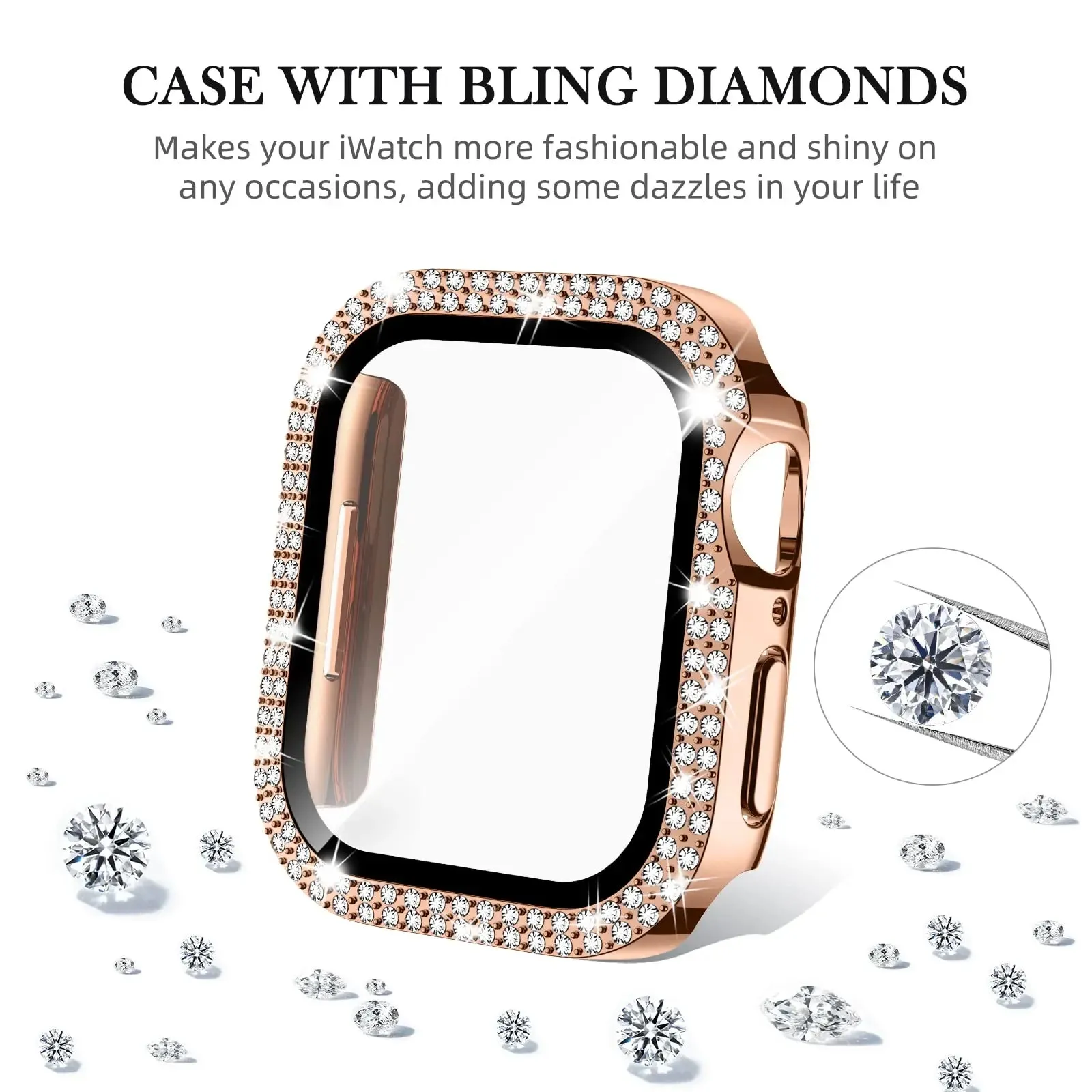 Glass Diamond Cover For Apple watch case 40mm 44mm 41mm 45mm 38mm 42mm Bling Bumper Protector iWatch series 9 3 5 6 7 8 se case