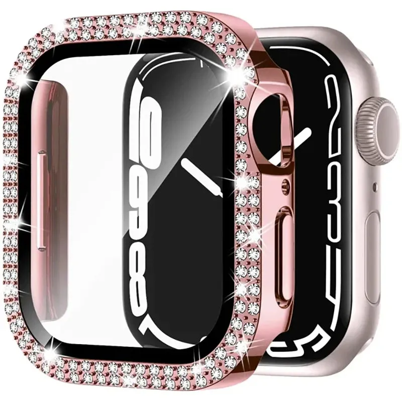 Glass Diamond Cover For Apple watch case 40mm 44mm 41mm 45mm 38mm 42mm Bling Bumper Protector iWatch series 9 3 5 6 7 8 se case