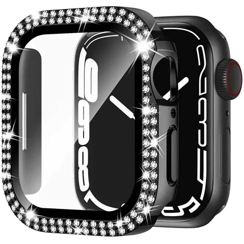 Glass Diamond Cover For Apple watch case 40mm 44mm 41mm 45mm 38mm 42mm Bling Bumper Protector iWatch series 9 3 5 6 7 8 se case