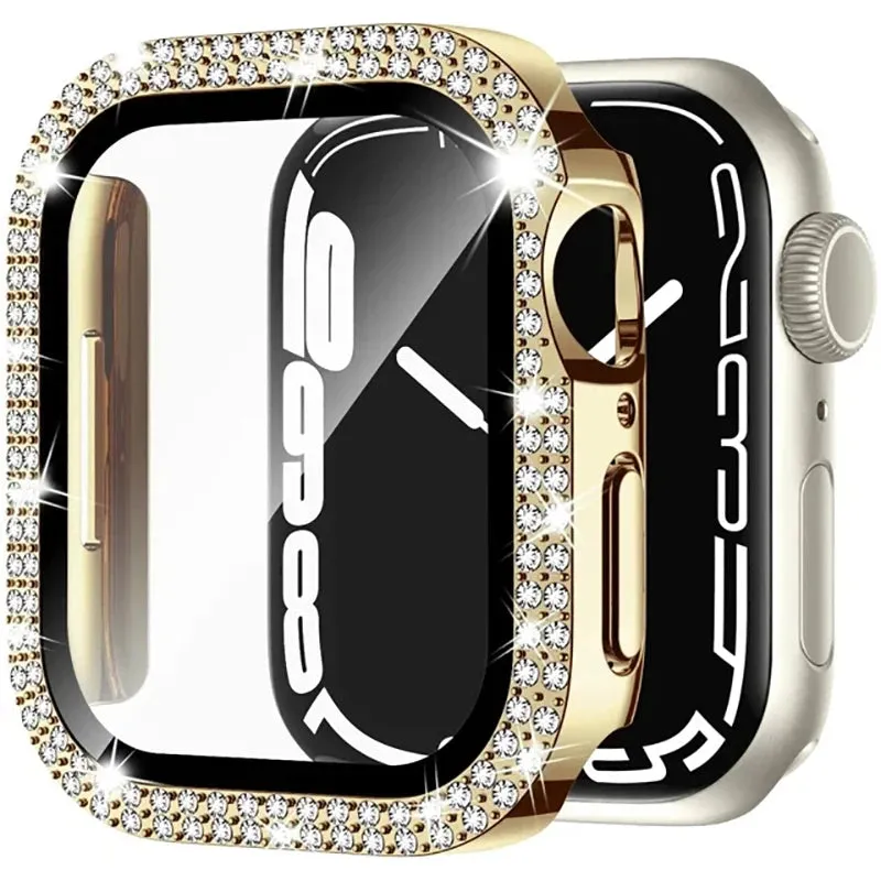 Glass Diamond Cover For Apple watch case 40mm 44mm 41mm 45mm 38mm 42mm Bling Bumper Protector iWatch series 9 3 5 6 7 8 se case