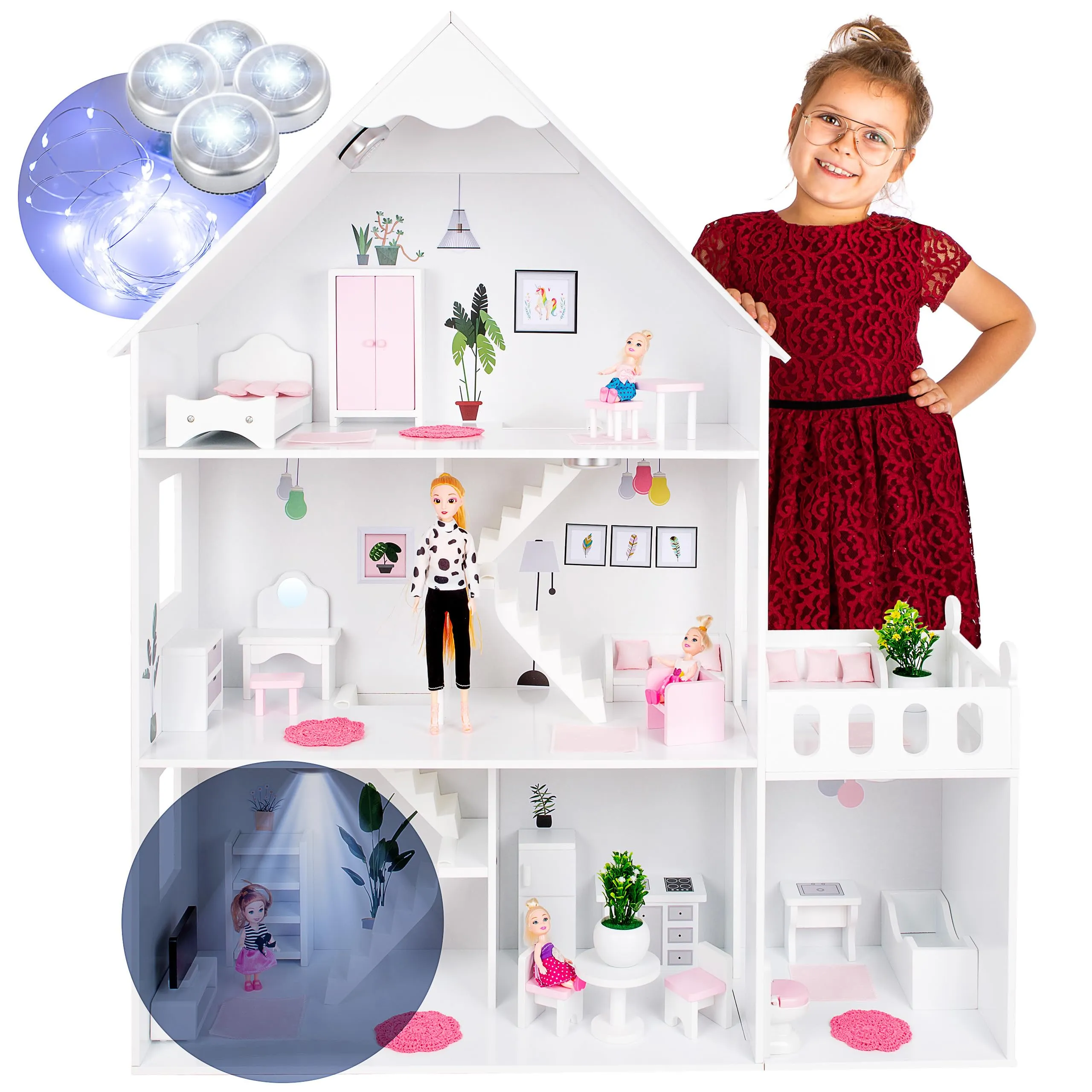 Green Series Grand Wooden Dollhouse for Barbie Size Dolls, 46.5 Inches