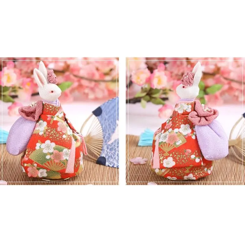 Handmade Japanese Kimono Rabbit Music Box - Simple Red Sakura