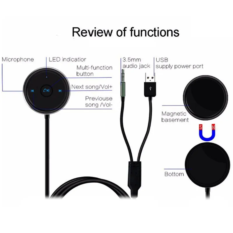 JaJaBor Bluetooth Car Kit Handsfree Calling AUX 3.5MM Music Audio Player Bluetooth Audio Adapter Music Receiver with USB Power