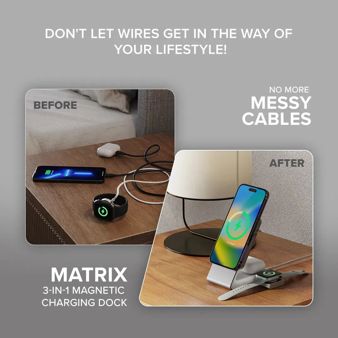 Matrix 3-in-1 Universal Magnetic Charging Dock with Apple Watch Charger for iPhone 16-12 , Apple Watch, Airpods, Charging Station for Apple Devices