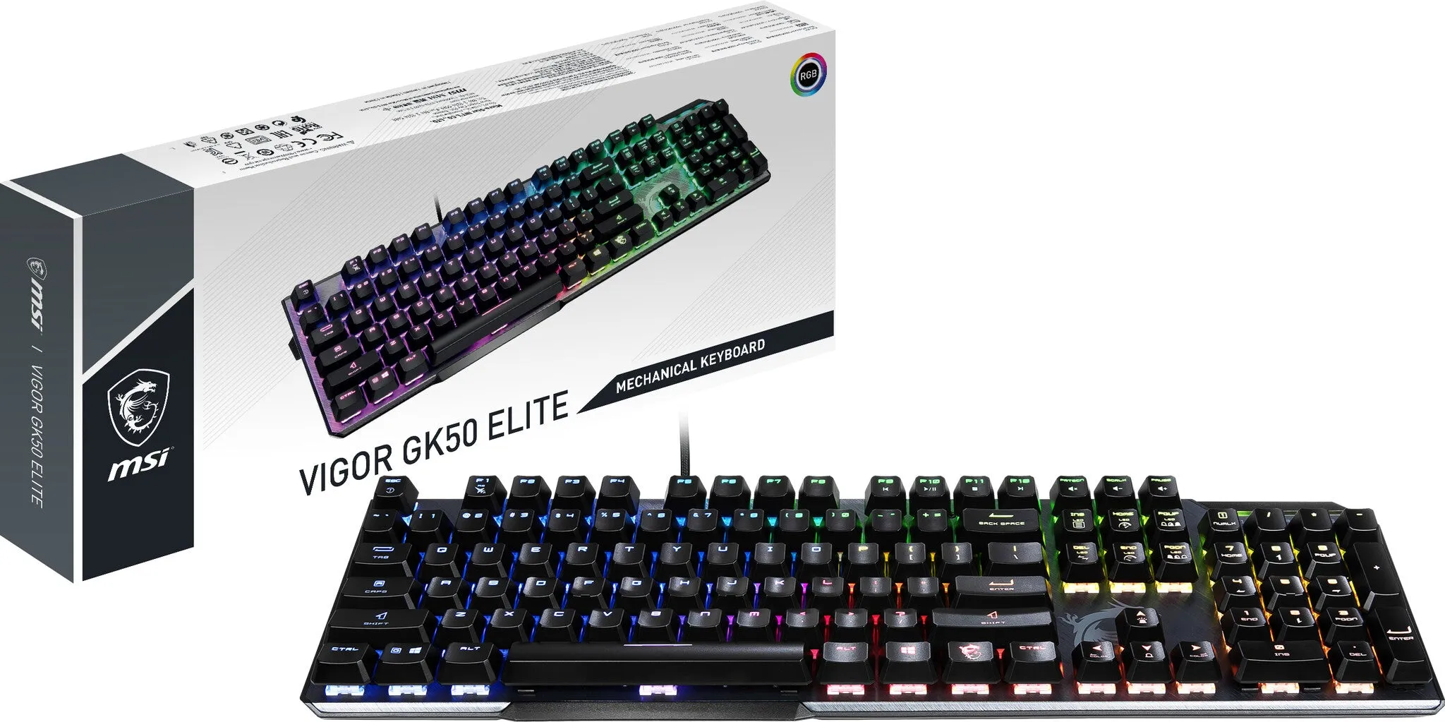 MSI VIGOR GK50 ELITE Mechanical Gaming Keyboard 'UK-Layout, KAILH Box-White Switches, Per Key RGB Light LED Backlit, Tactile, Floating Key Design, Water Resistant, Center'