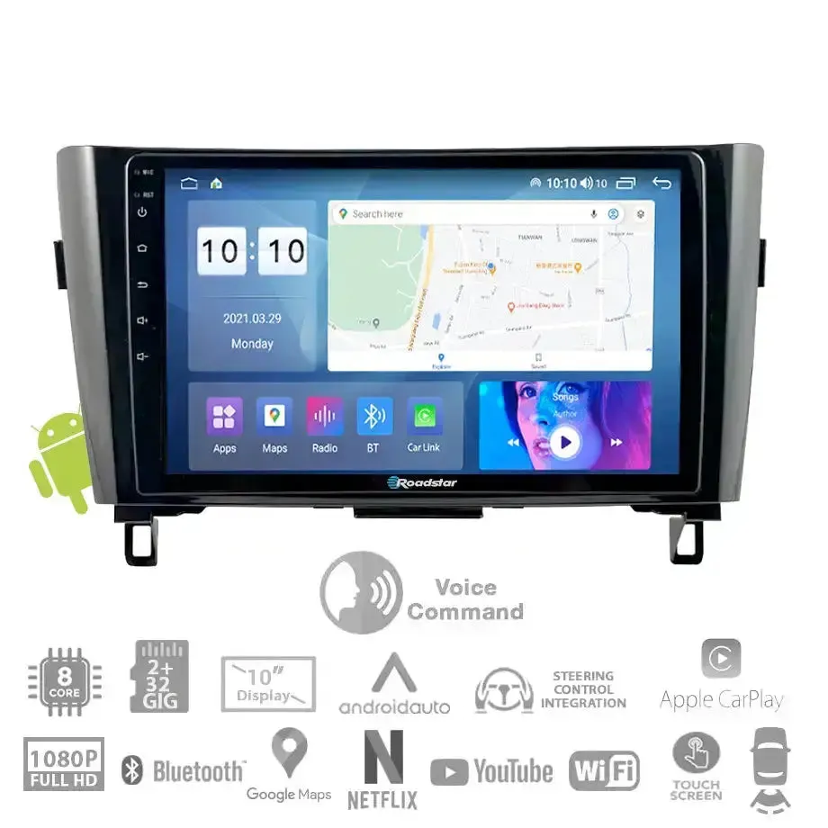 Nissan Qashqai (15-On) - 10.1 Inch Roadstar Android Entertainment & GPS System With Voice Command