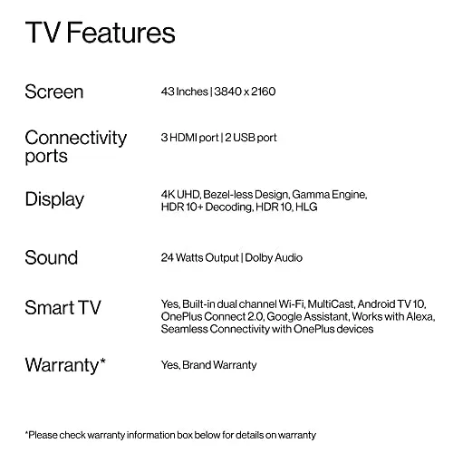 OnePlus 108 cm (43 inches) Y Series 4K Ultra HD Smart Android LED TV 43Y1S Pro (Black)