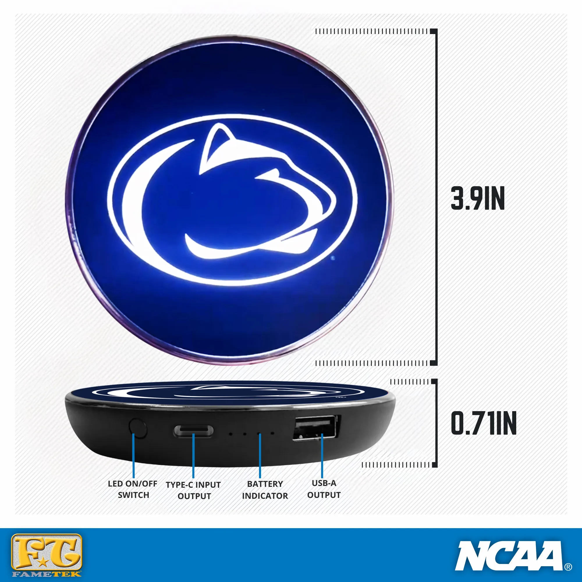 Penn State University Qi Wireless Charger With Illuminated Nittany Lions Logo & Built-In Power bank