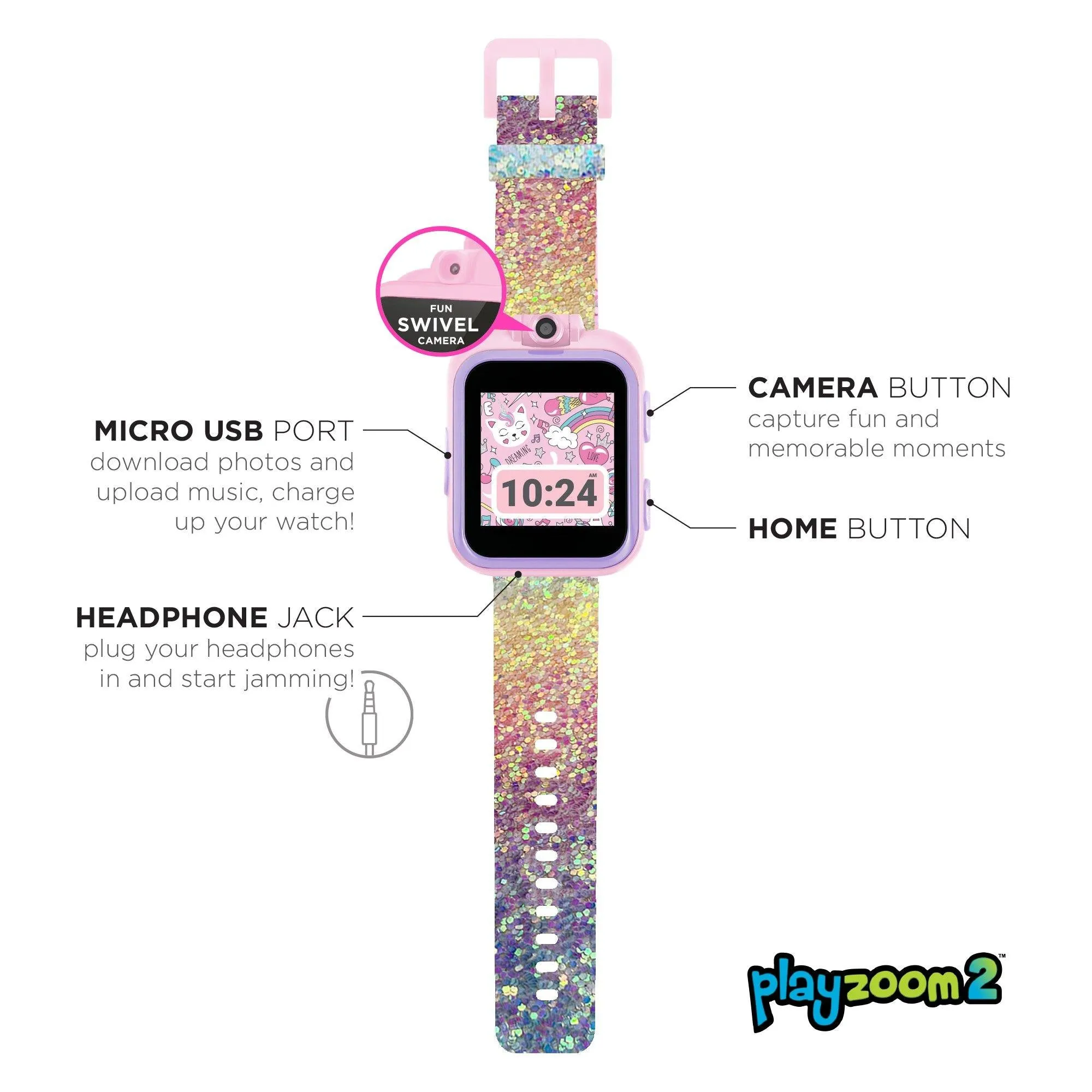 PlayZoom 2 Kids Smartwatch: Textured Rainbow Glitter