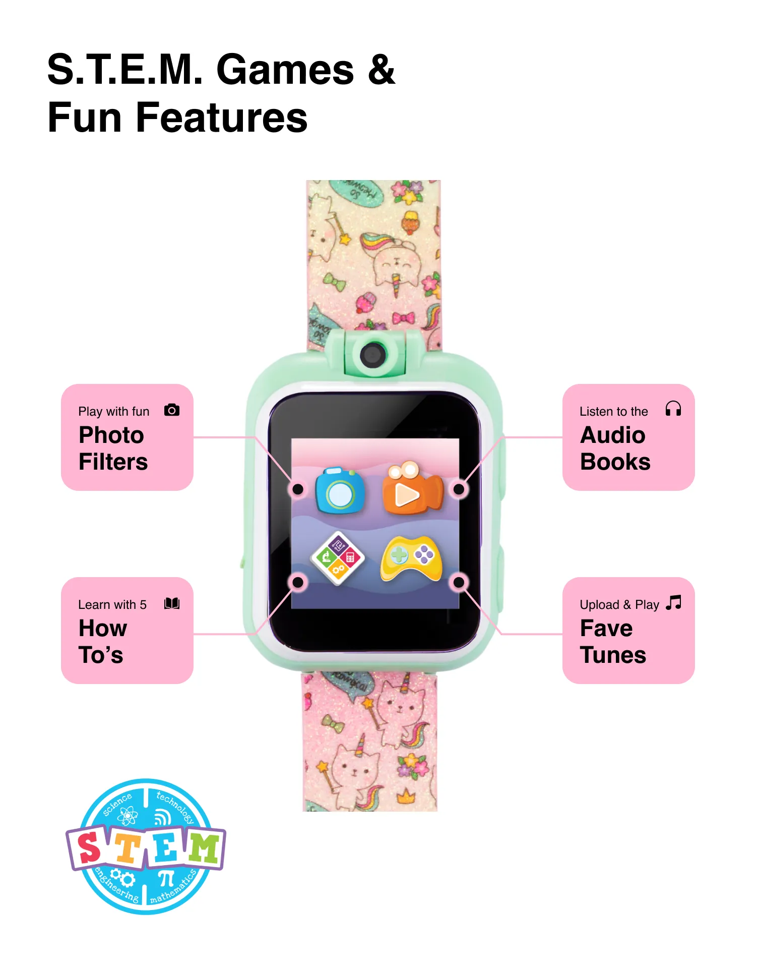 PlayZoom 2 Kids Smartwatch: Tie Dye Unicorn Cats and Ice Cream Print