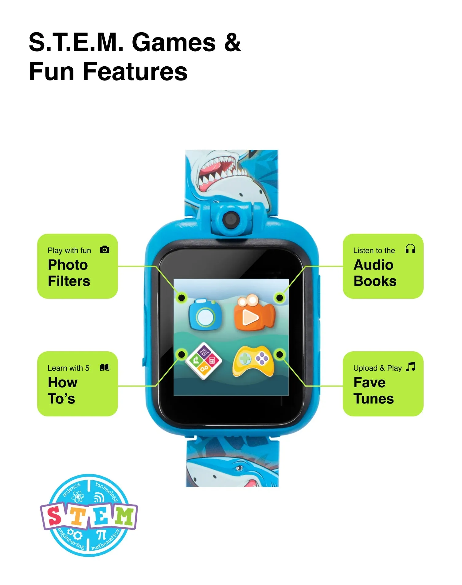 PlayZoom 2 Kids Smartwatch with Headphones: Blue Multi Shark