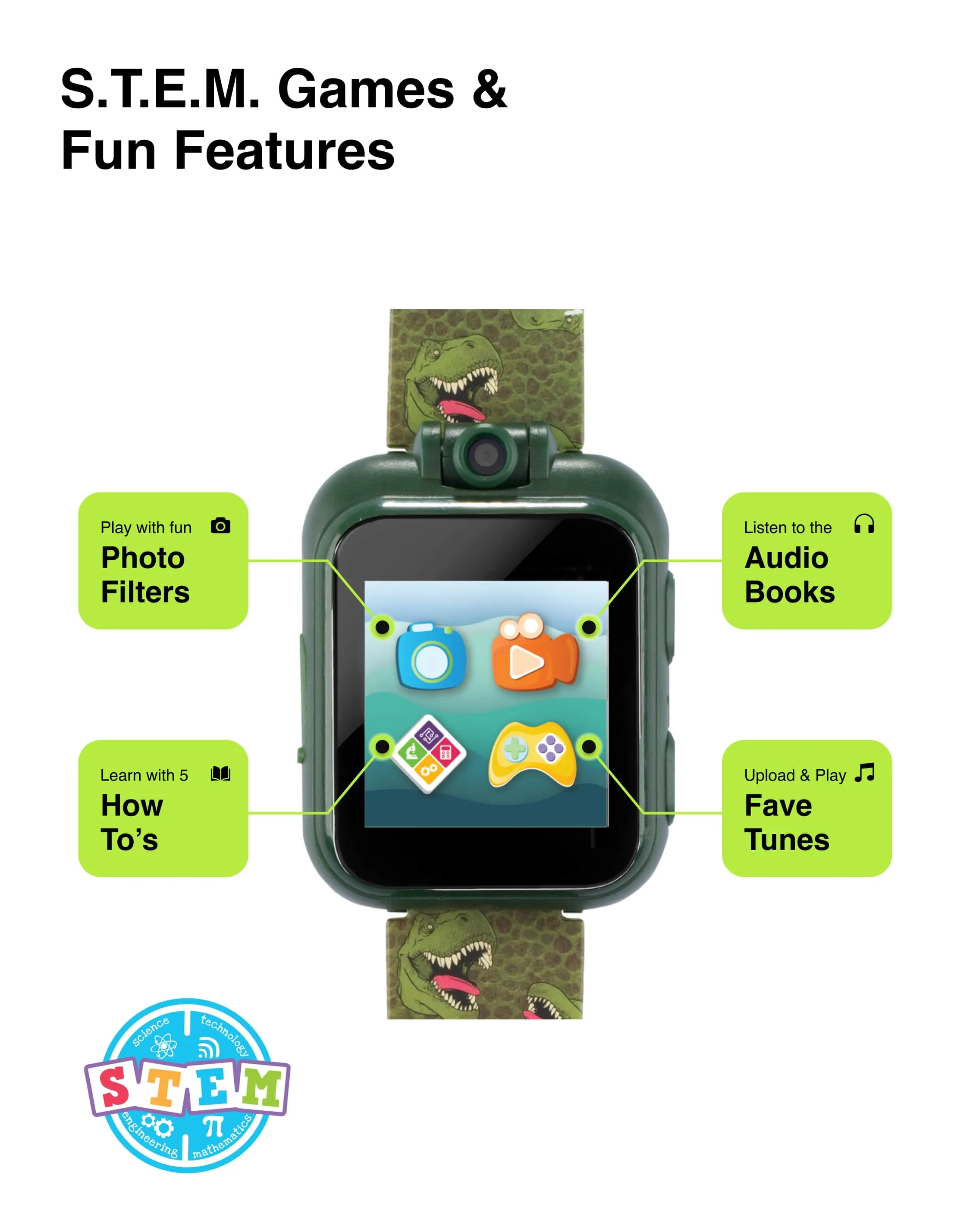 PlayZoom 2 Kids Smartwatch with Headphones: Green Dinosaur