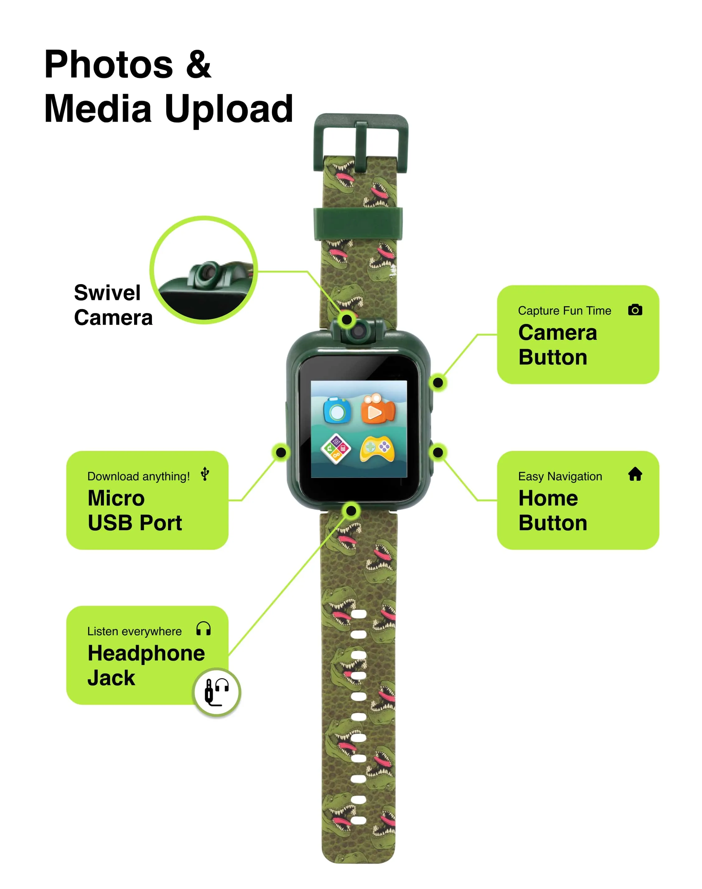 PlayZoom 2 Kids Smartwatch with Headphones: Green Dinosaur