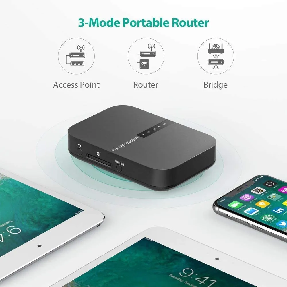 RAVPower FileHub New Version AC750 Wireless Travel Router RP-WD009 - Portable SD Card HDD Backup and Data Transmission Unit, 6700mAh External Battery Pack - Dual Band