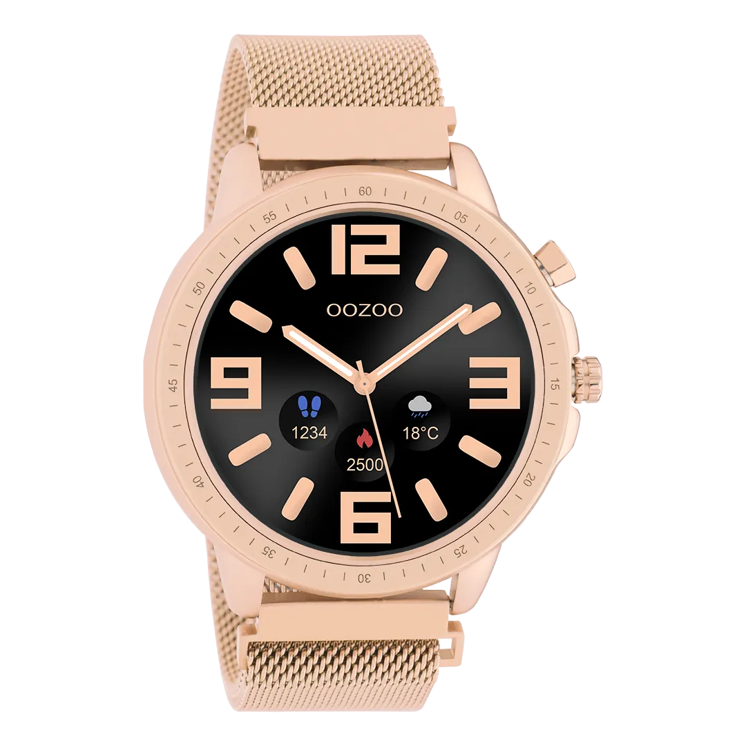 Rose gold coloured OOZOO smartwatch with rose gold coloured metal mesh bracelet - Q00307