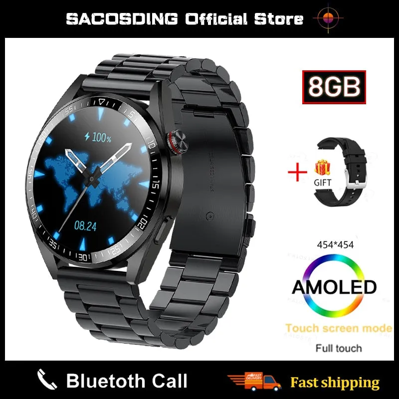 SACOSDING New Smart Watch Mens 8G Memory Local Music Player 454*454 AMOLED Screen Bluetooth Call Sport Man Smartwatch For Huawei