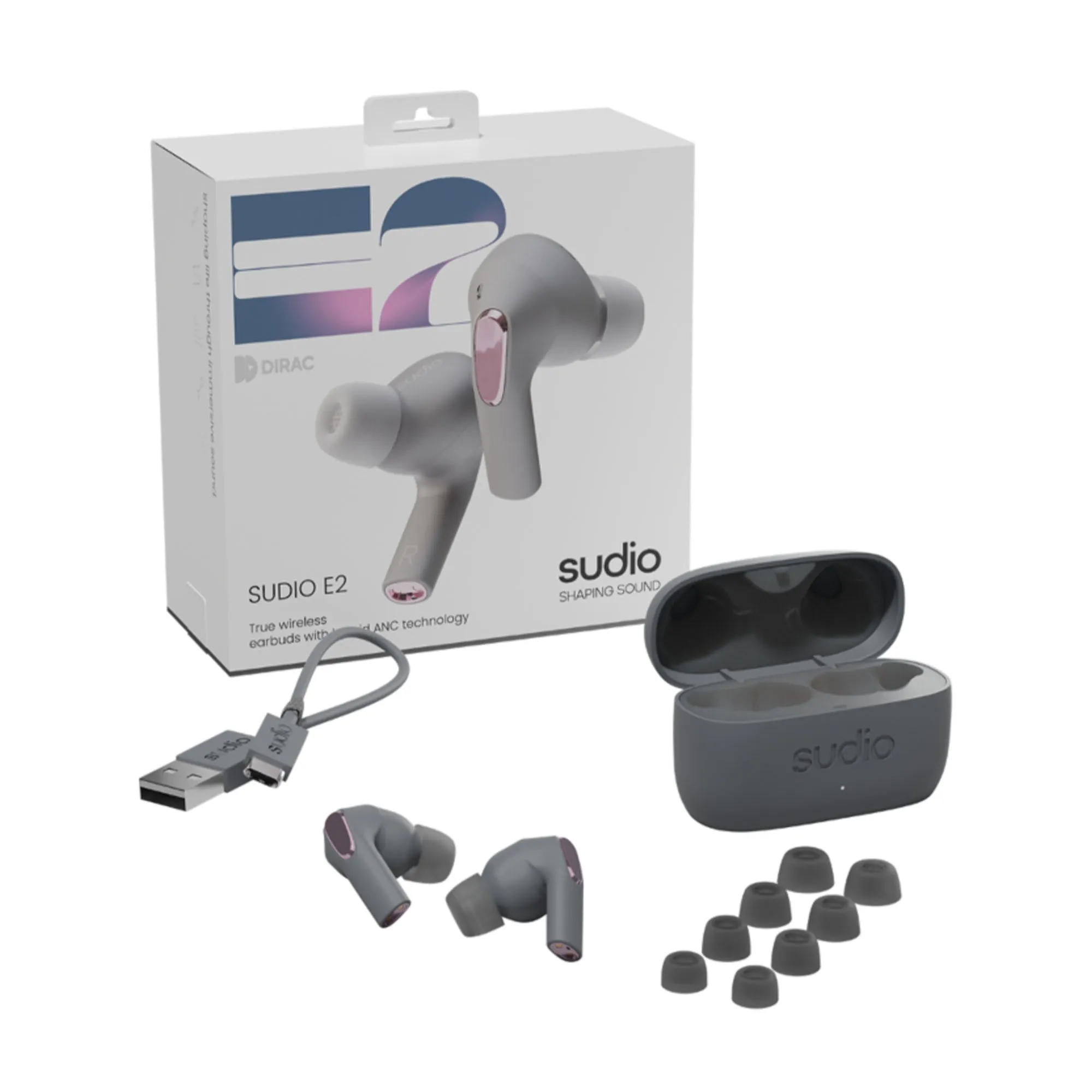 Sudio Wireless Earphone E2 - Hybrid Active Noise Cancellation Spatial Audio - Grey (Barcode: 7350071384657 )