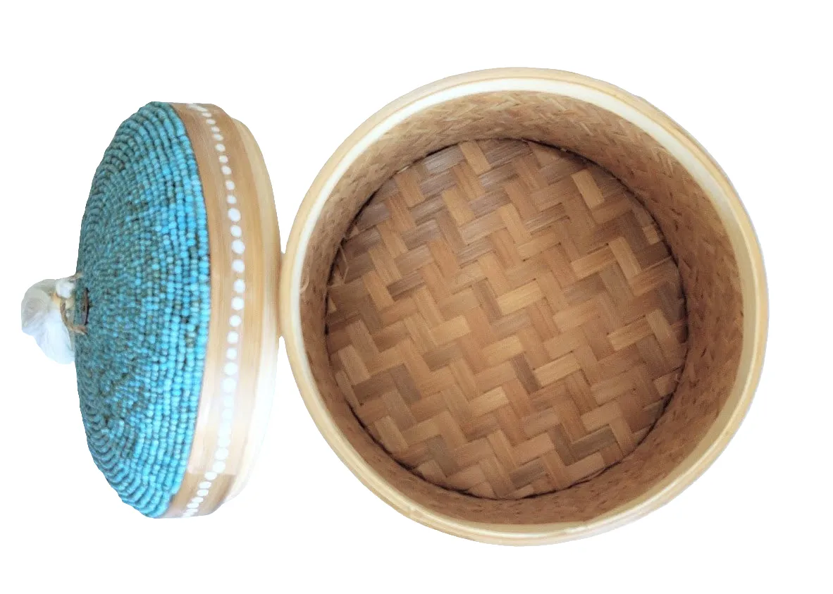 Table Decor - Storage Accessory. Beautiful Handcrafted Round Woven Bamboo Beaded box with tassel.