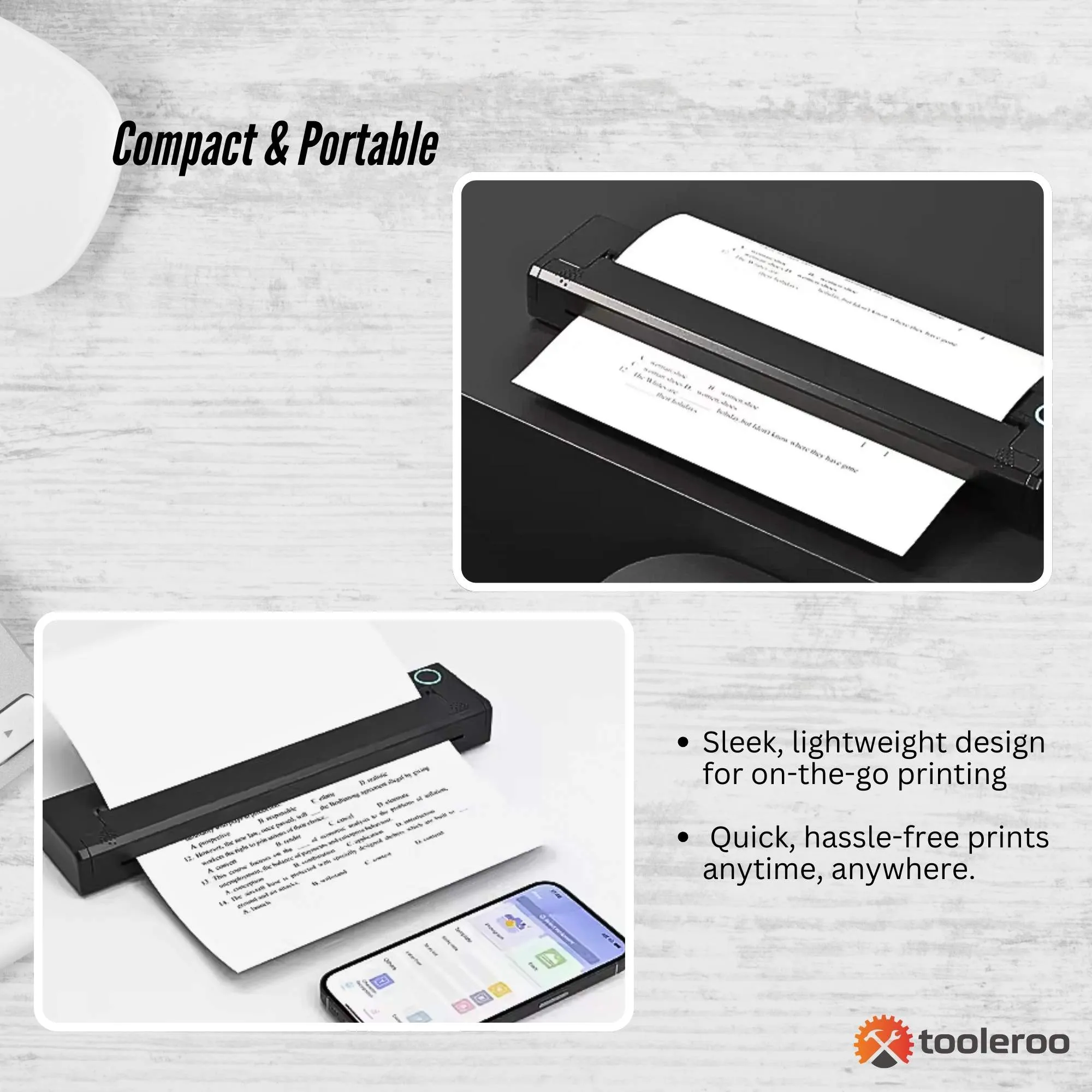 Tooleroo Portable A4 Thermal Printer Black   Paper Kit - Wireless and Inkless