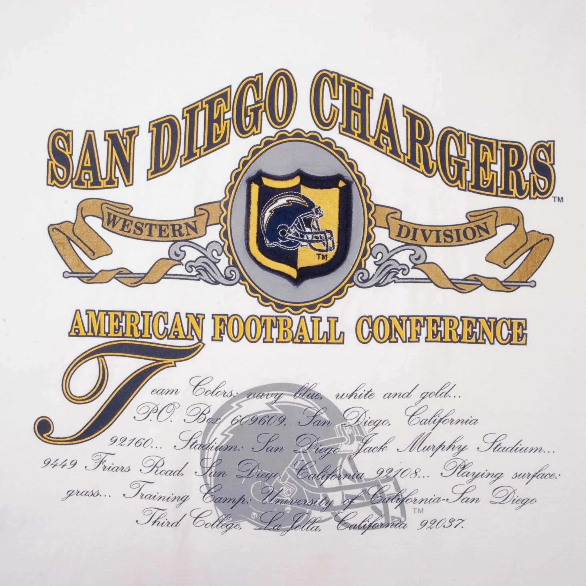 VINTAGE NFL SAN DIEGO CHARGERS  EMBROIDERED TEE SHIRT 1990S SIZE XL MADE IN USA