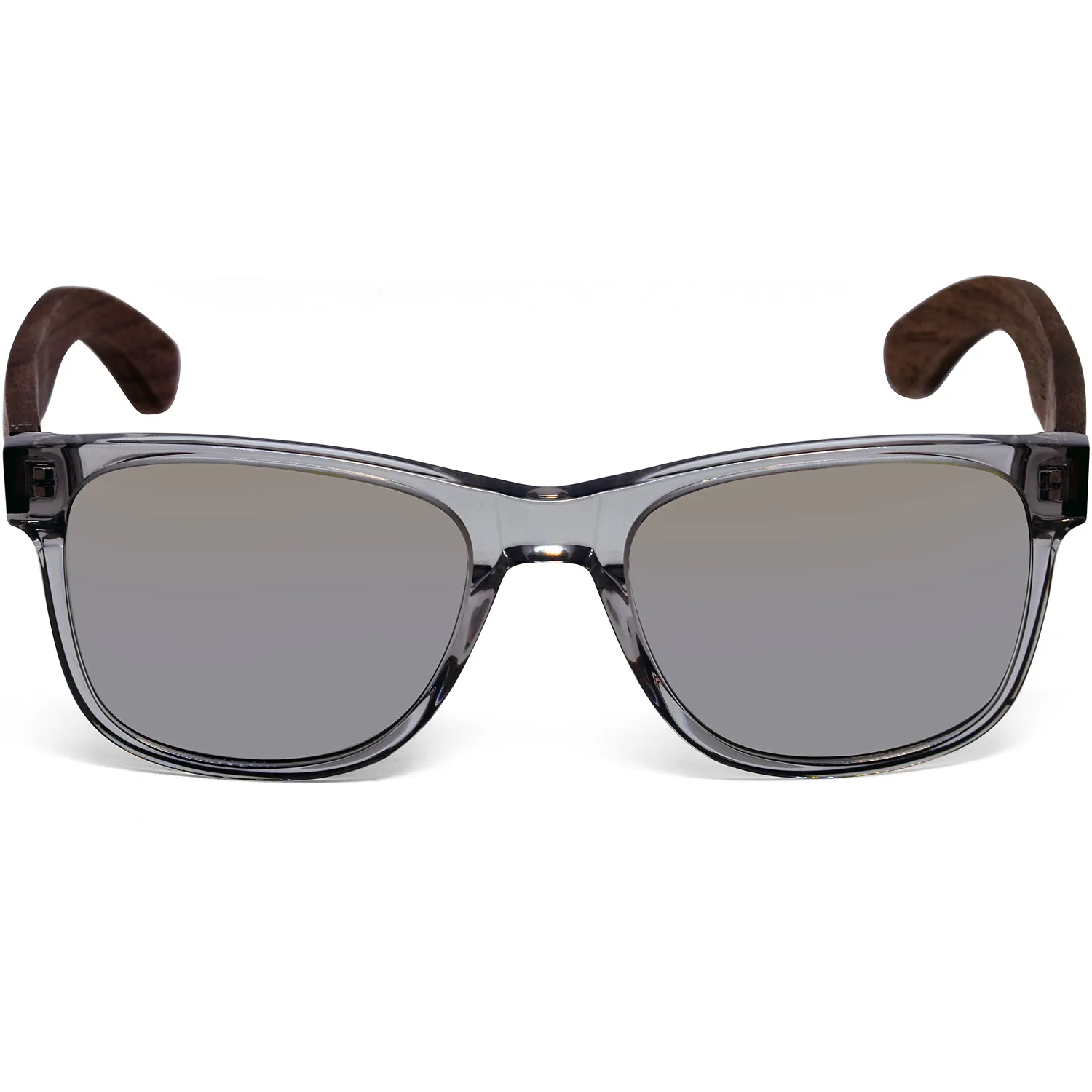 Walnut wood classic style sunglasses with semi-transparent grey frame and silver mirrored polarized lenses