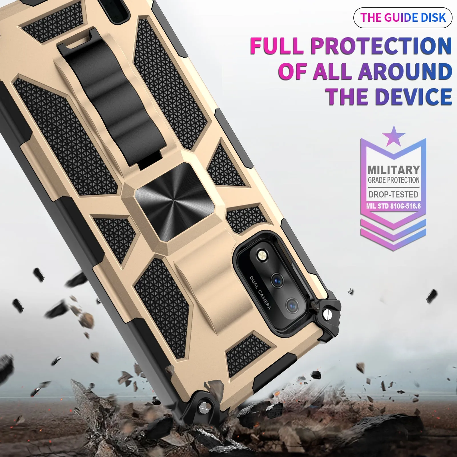 Wiko Ride 3 Case [Military Grade] Ring Car Mount Kickstand w/[Tempered Glass] Hybrid Hard PC Soft TPU Shockproof Protective Case - Gold