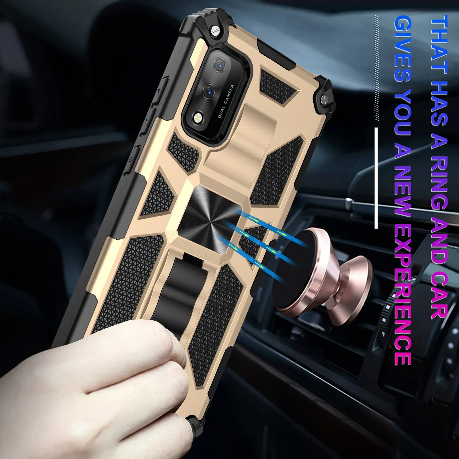 Wiko Ride 3 Case [Military Grade] Ring Car Mount Kickstand w/[Tempered Glass] Hybrid Hard PC Soft TPU Shockproof Protective Case - Gold