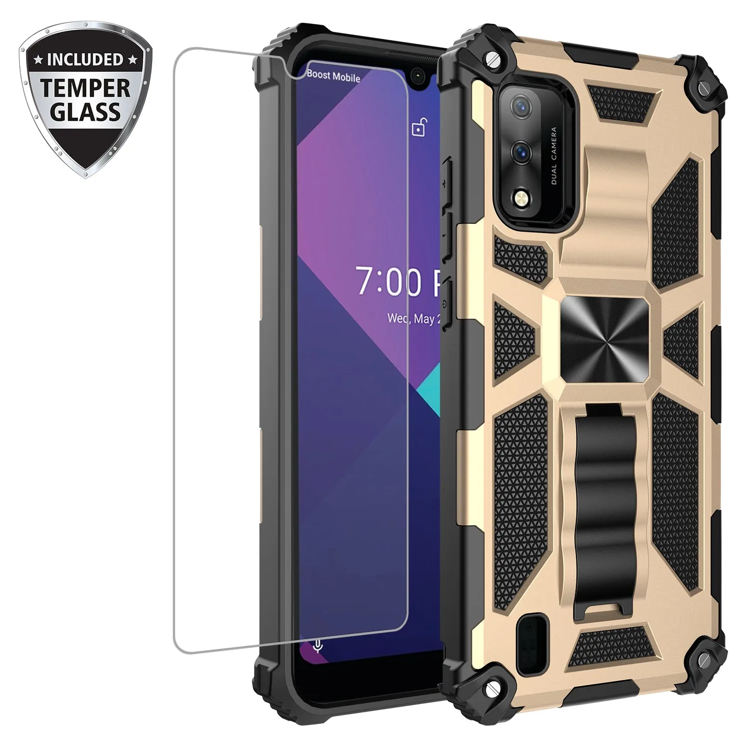 Wiko Ride 3 Case [Military Grade] Ring Car Mount Kickstand w/[Tempered Glass] Hybrid Hard PC Soft TPU Shockproof Protective Case - Gold