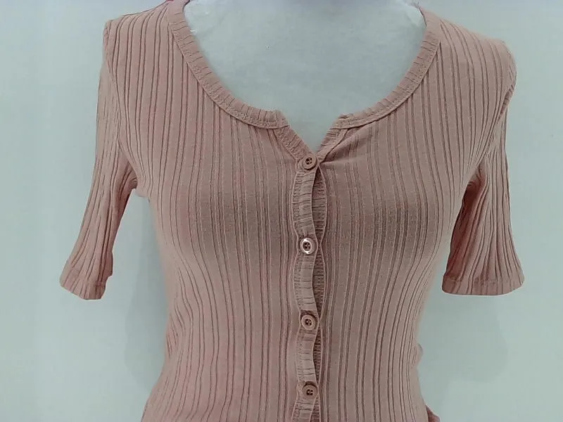 Women's Small Ribbed Crop Top Button-Up Blouse - Pink