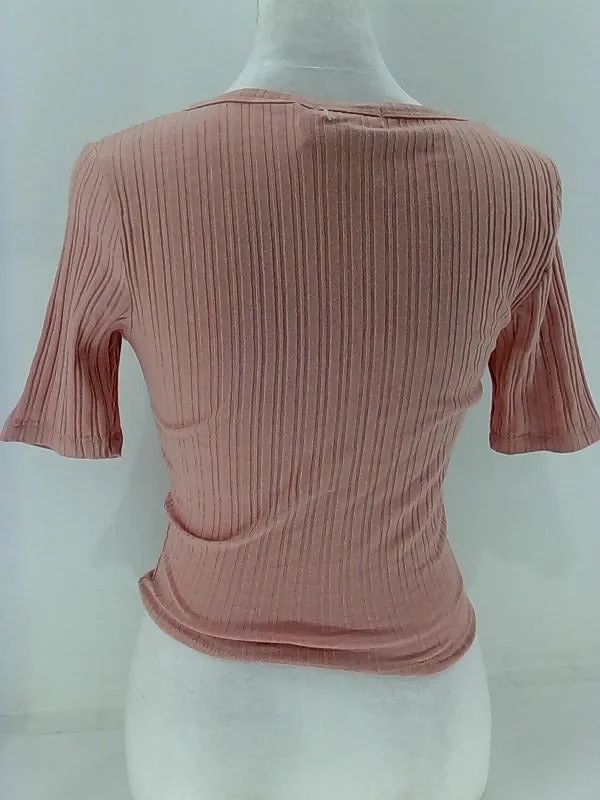 Women's Small Ribbed Crop Top Button-Up Blouse - Pink