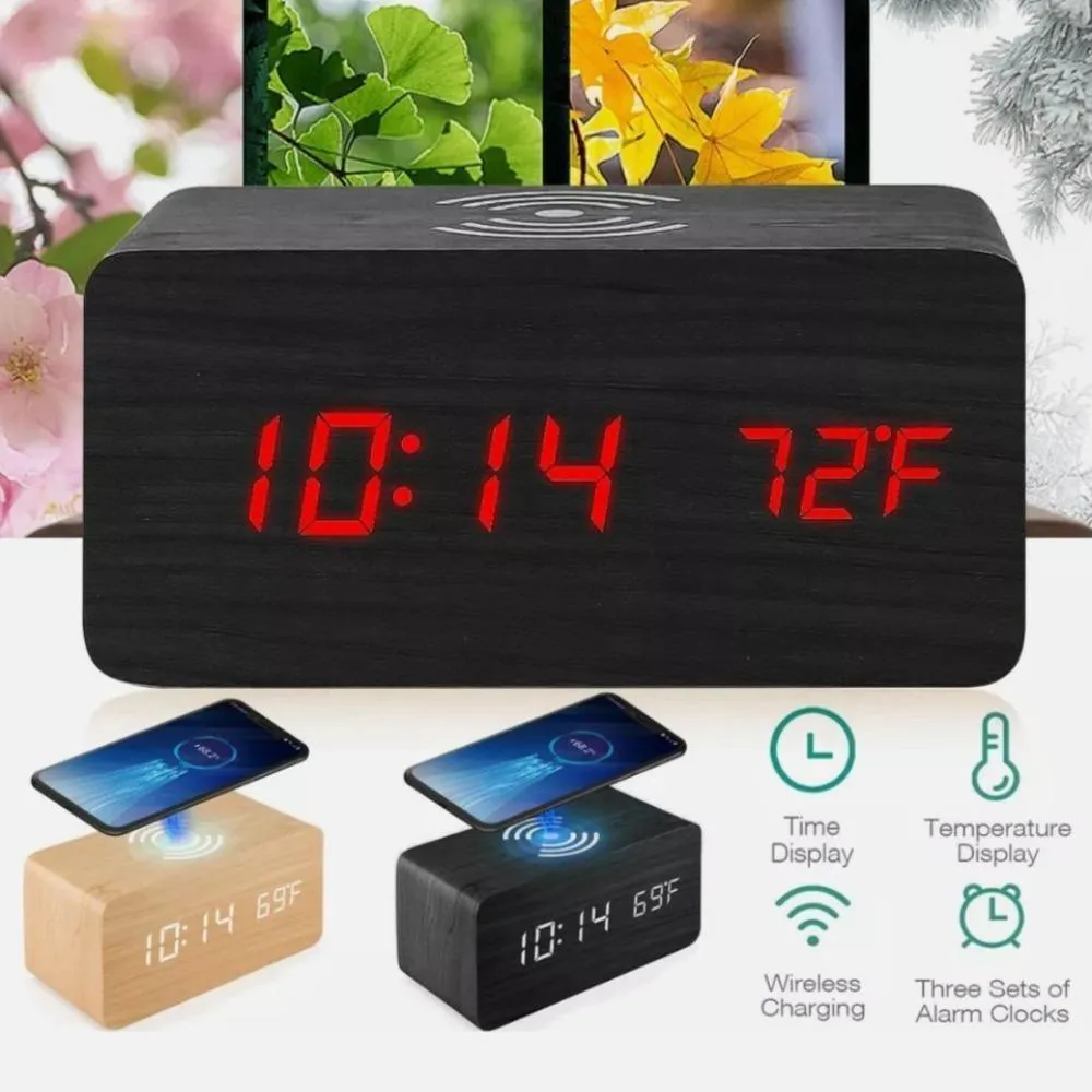 Wooden Digital Alarm Clock with Wireless Phone Charging Pad