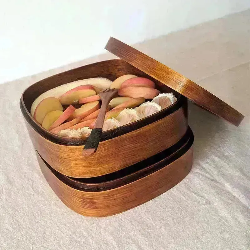 Wooden Double Compartment Large Work Fruit Lunch Box