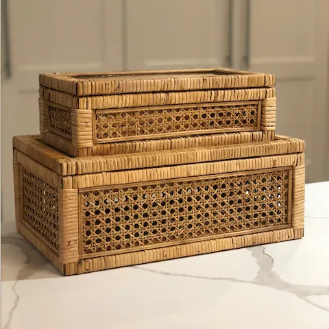 Woven Rattan & Wood Display Box with Glass Lid