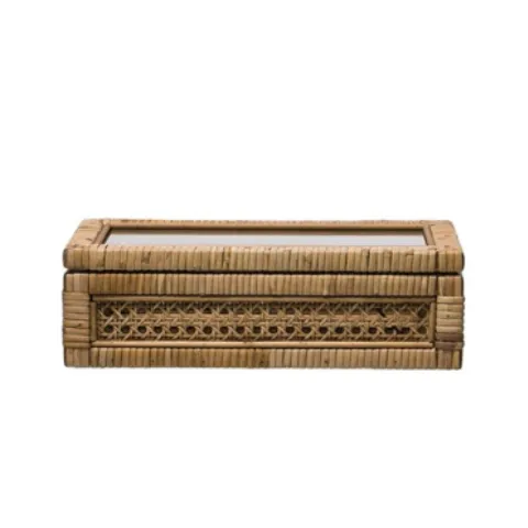 Woven Rattan & Wood Display Box with Glass Lid