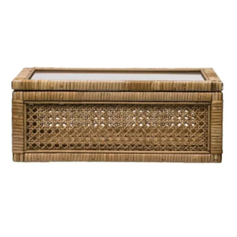 Woven Rattan & Wood Display Box with Glass Lid